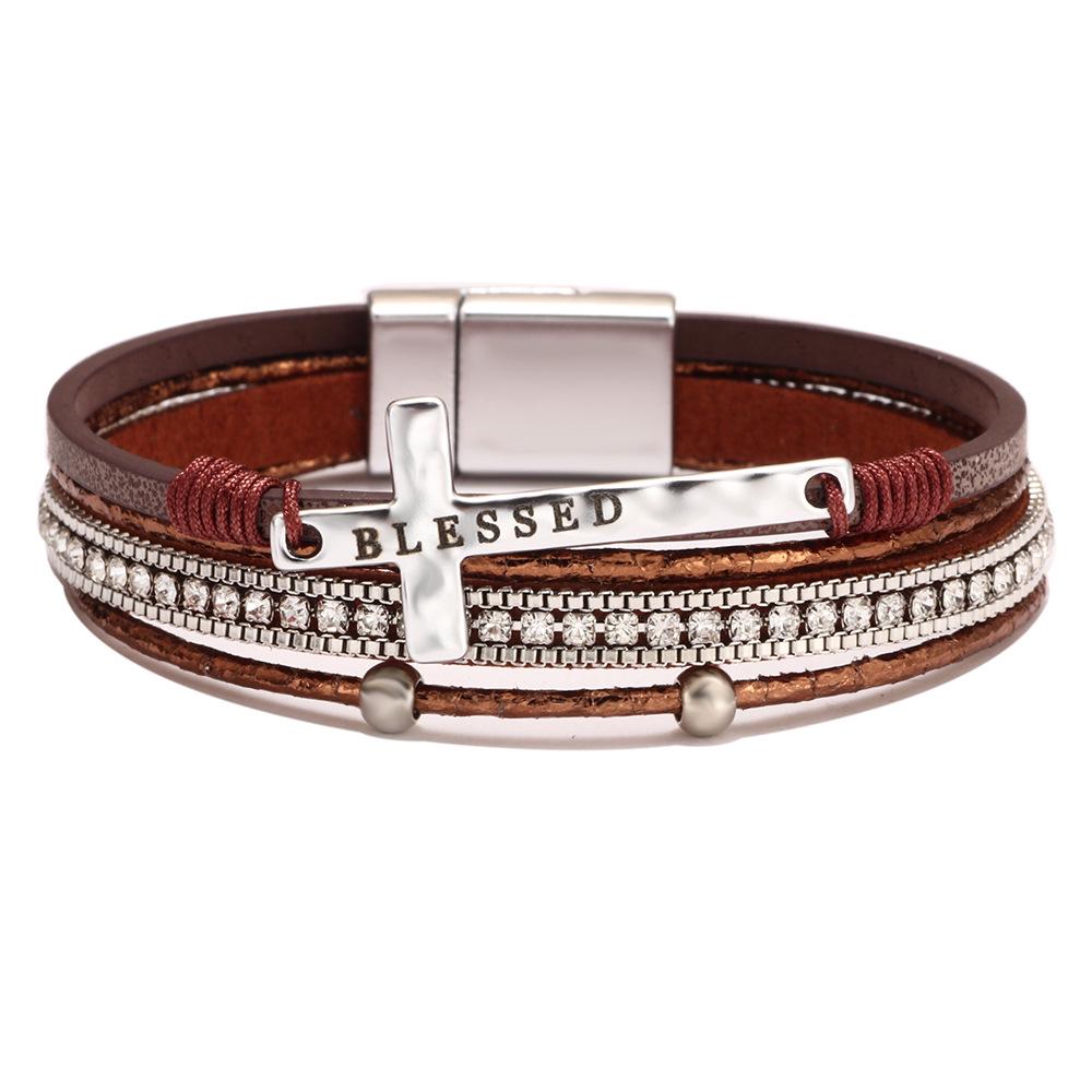 Bohemian Micro-Diamond Cross Bracelet with Magnetic Clasp & PU Leather