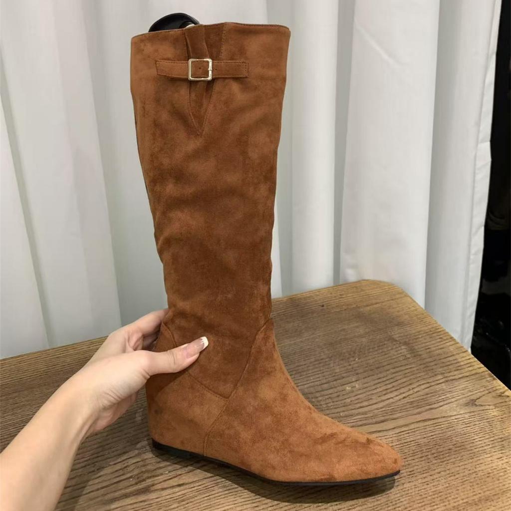 Inner Heightening Pointed Suede Pile Medium Boots Women's Boots 2025 Fall/Winter Brown Maillard Skinny Boots