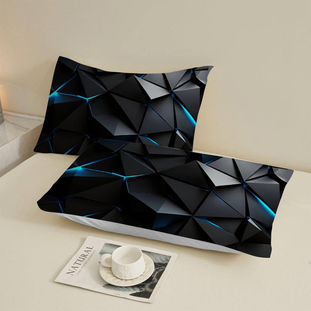 3 stuks Geometrisch Patroon Plat Laken 3D Geprint Zwart En Blauw Hoeslaken Set Met Kussenslopen Geen Vulling Koel Voor Jongens Tieners
