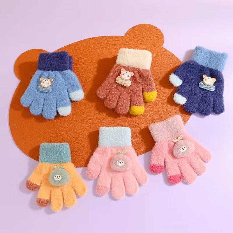 Cute Cartoon Bear Baby Gloves Toddler Boys Girls Warm Knitted Mittens Autumn Winter Kids Kindergarten Five Fingers Gloves