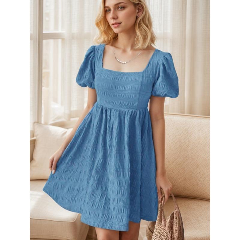 Women Summer Square Neck Fitted Puff Sleeve A Line Short Dress