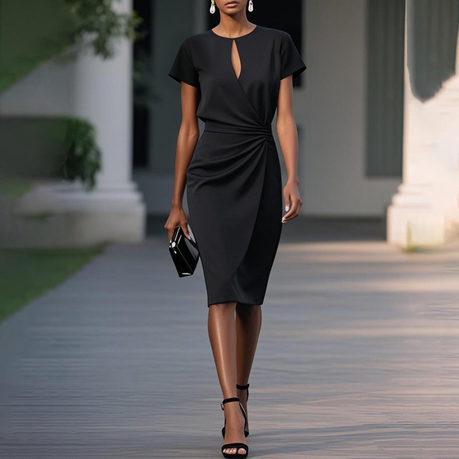 

Женское повседневное платье с круглым вырезом, короткими рукавами, вырезами и узлом в стиле темперамента L чёрный