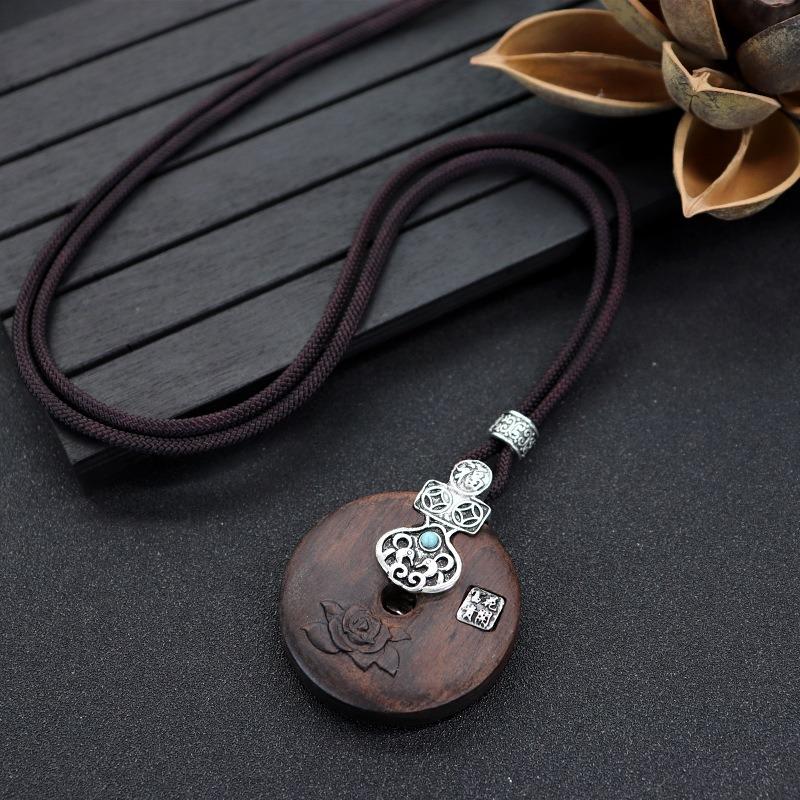 Retro Literary and Artistic Long Ebony Necklace Wooden Pendant Women's Simple Zen Sweater Chain Cotton and Linen Accessories