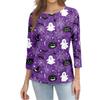 Women's Casual Halloween Print Top Three Quarter Sleeve Round Neck Pullover Shirt Lightweight Comfortable Fit for Everyday Wear