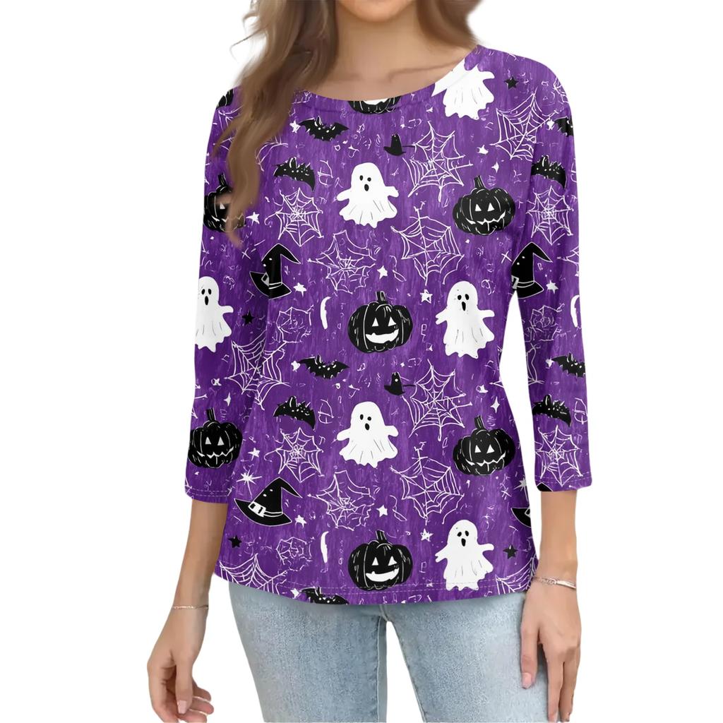 Women's Casual Halloween Print Top Three Quarter Sleeve Round Neck Pullover Shirt Lightweight Comfortable Fit for Everyday Wear