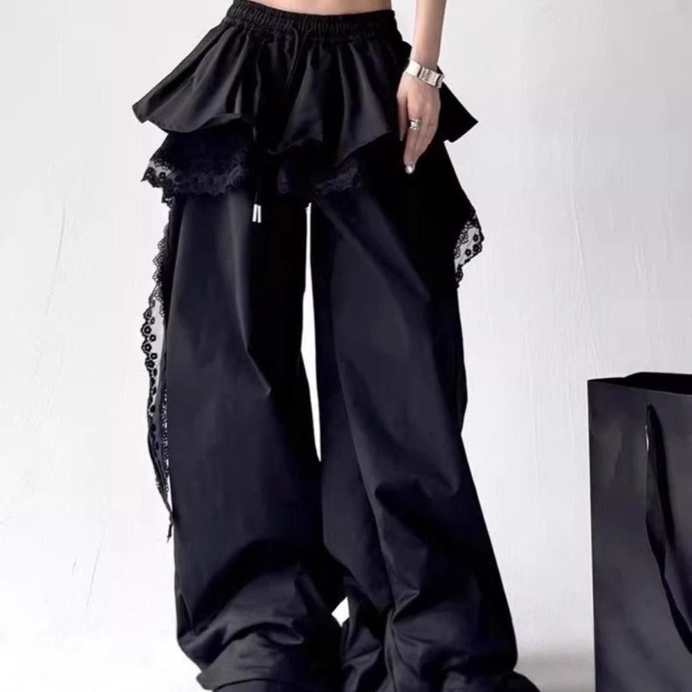 Baggy Lace Tiered Skirt Pants High Waist Wide Leg Trousers Sweet Lace Patchwork Pants Girls