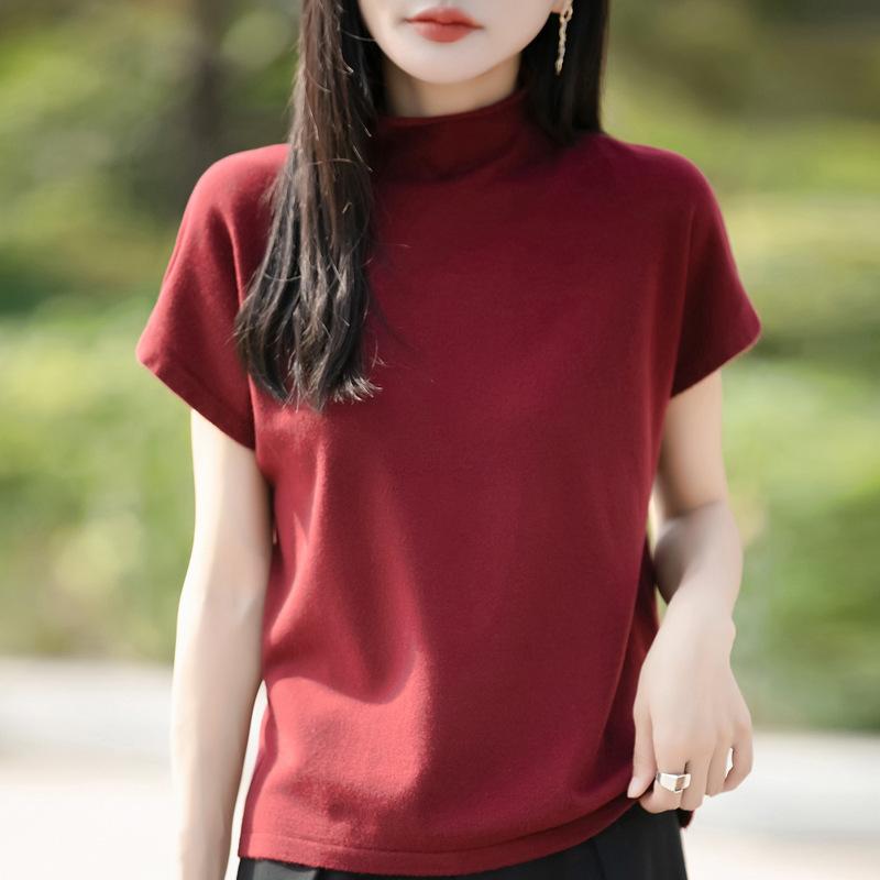 New Spring and Autumn Knitted Sweaters, Pullover Sweaters, Women's Short-sleeved Semi-high-neck Base Sweaters