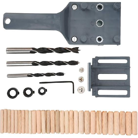 Wood Doweling Hole Drill Guide, 6 8 10 mm Dowel Jig Kit Handheld Self Centering Pocket Straight Hole Puncher Saw Tools Set Metal Sleeve Pins Bit for