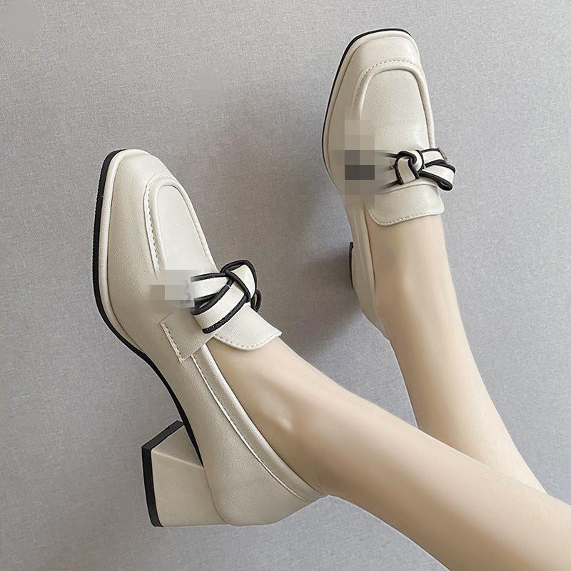 

High heels women s spring new Mary Jane square head leather shoes bow thick heel loafers medium single shoes women 35 чёрный