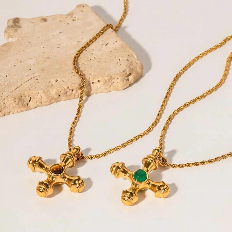 Vintage Gold Color Cross Pendant Necklaces for Women Fashion Metal Natural Stone Clavicle Chain Necklaces Zircon Accessories