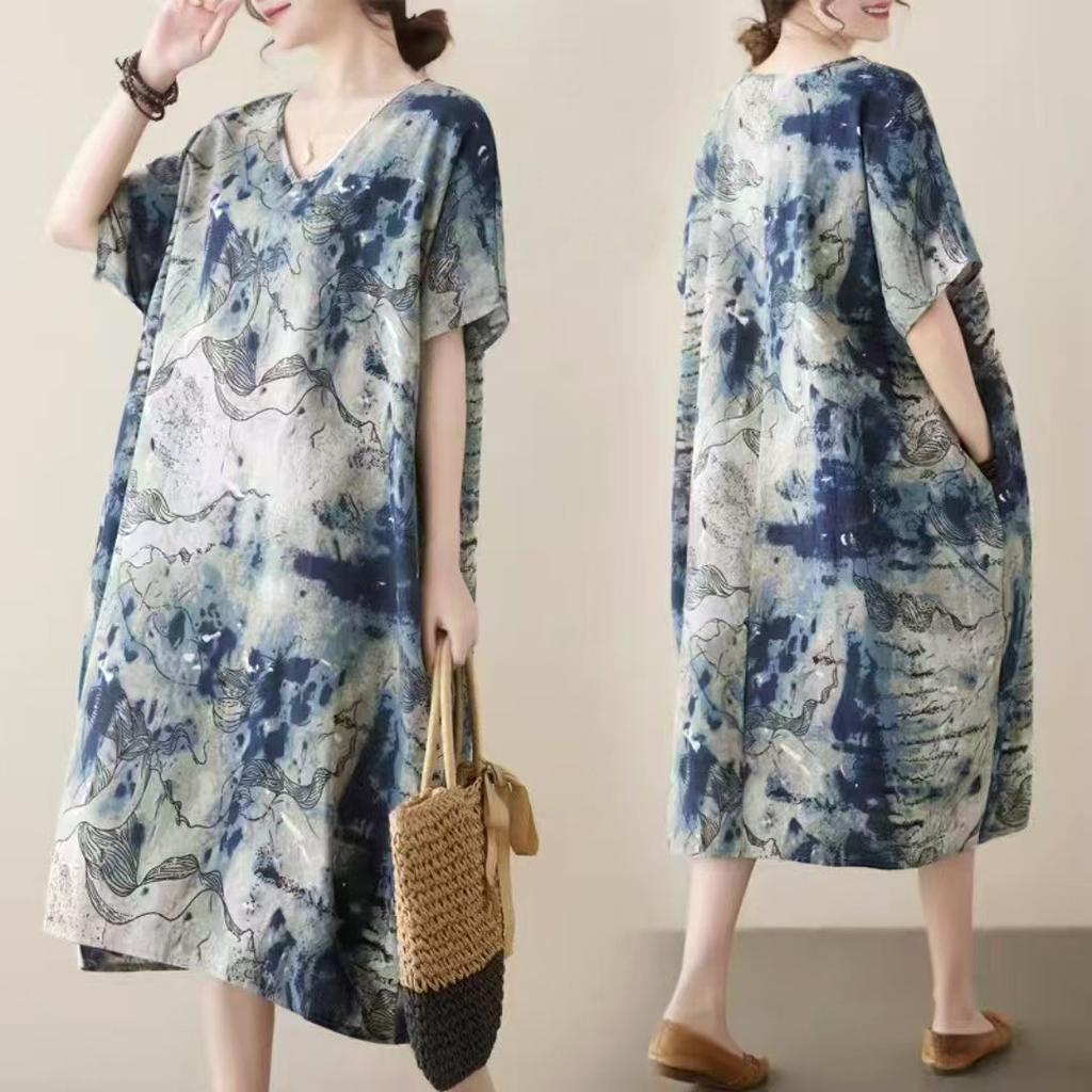 2026 new retro ethnic style summer new literary large size fat MM fattened large printed short-sleeved dress