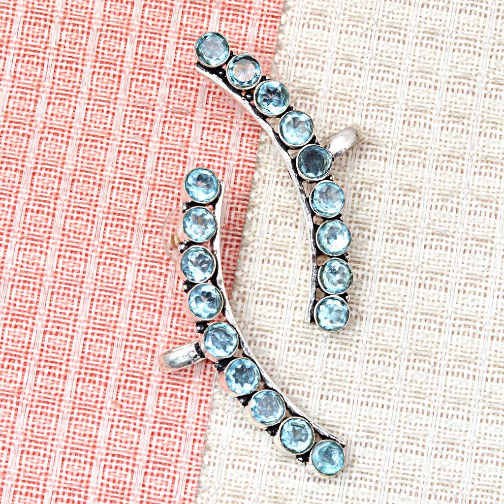 Swiss Blue Quartz Gemstone Women's Unisex Silver Jewelry Climber Earring 2.5''