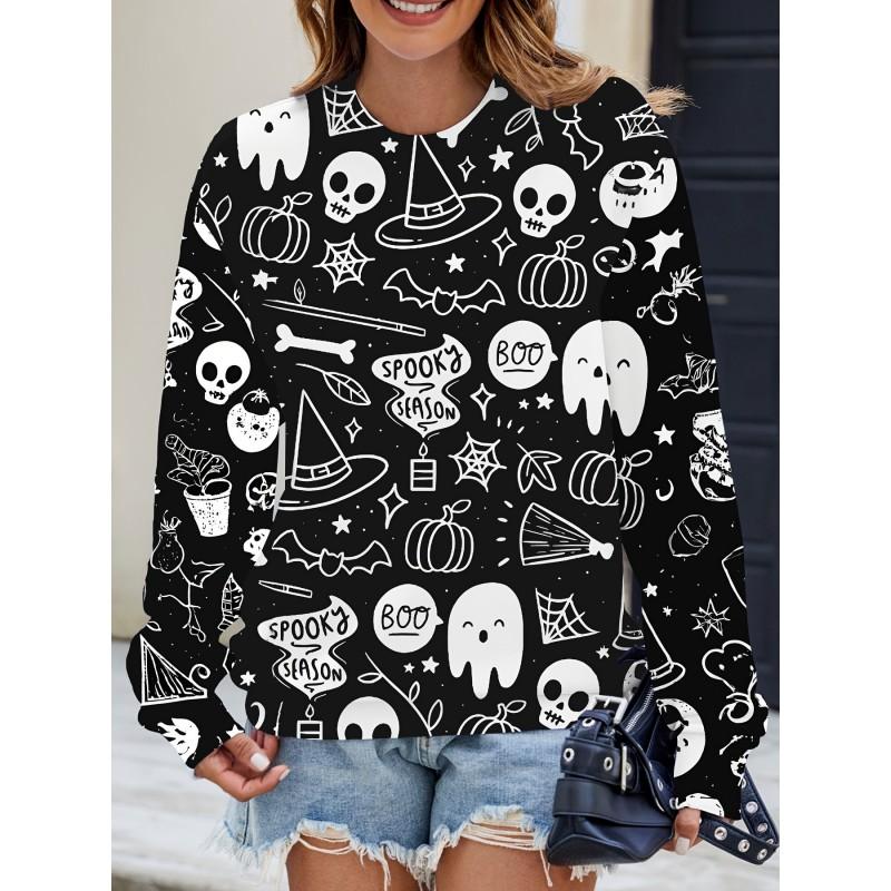Womens Casual Hoodie With 3D Halloween Print Round Neck Lightweight Breathable Fabric