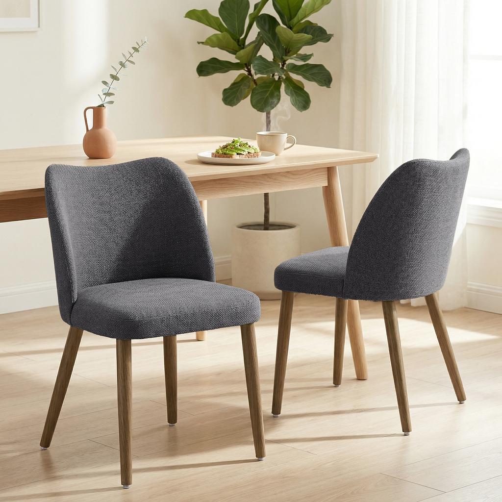 Dining Chairs Set of 2, Linen Upholstered Kitchen Chairs with Padded Seat, Curved Backrest, Rubberwood Legs, Dark Grey