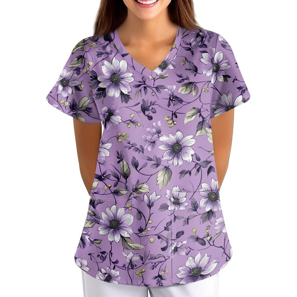 Top da Lavoro Stampato da Donna con Scollo a V, Vestibilità Larga, Manica Corta, con Tasca, Fantasia Floreale, Leggero, Camicia da Uniforme per Infermieri