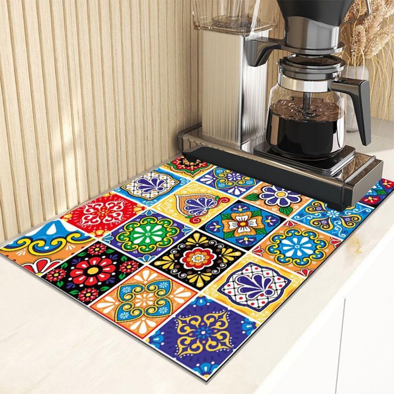 Absorbent Tableware Dish Drying Mats Boho Floral Desk Drain Pad Heat Resistant Counter Mat Non-slip Draining Placemat Kitchen