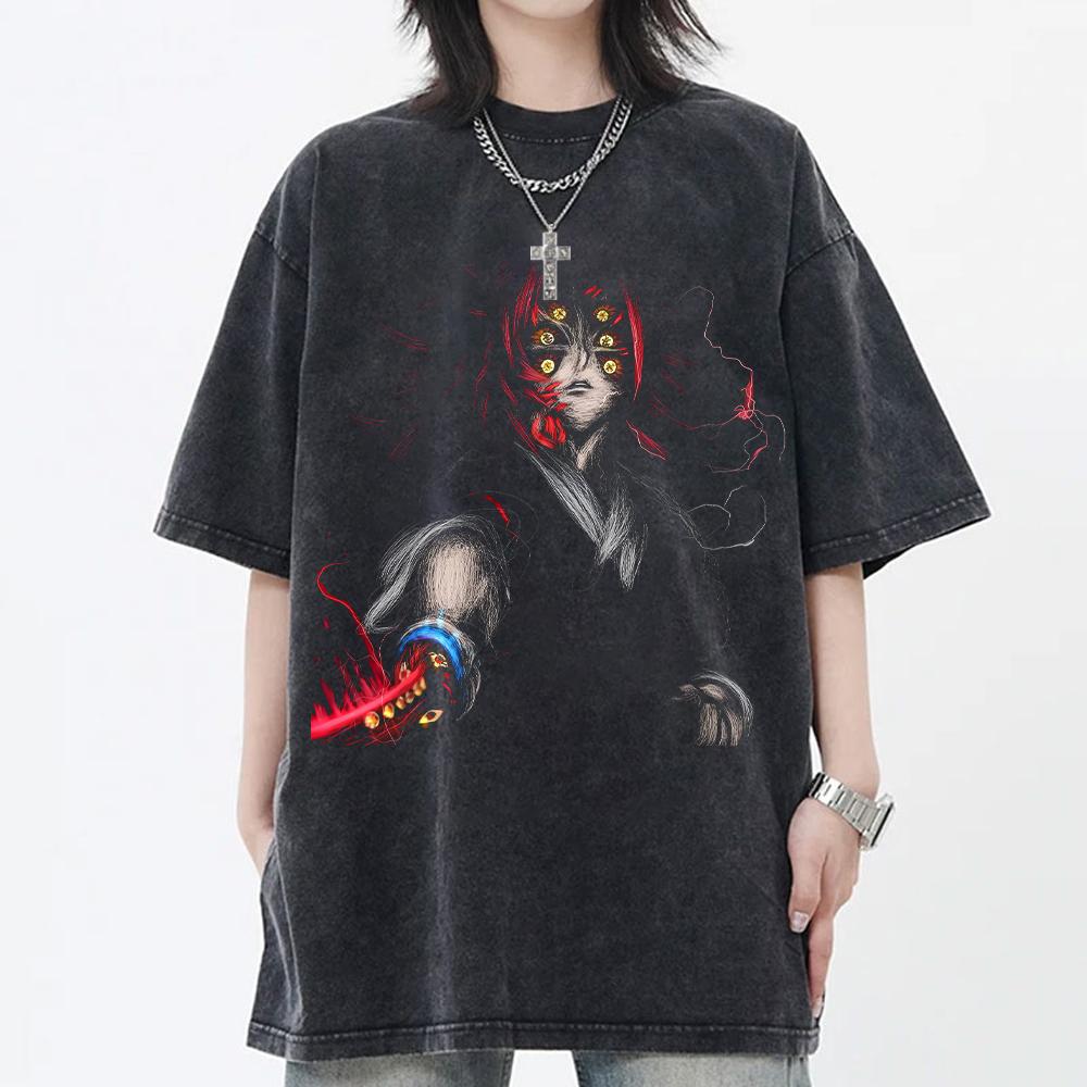 Anime Demon Slayer Kokushibo T-shirt for Men Clothing Tops Vintage Washed Cotton T Shirt Oversized Short Sleeve Graphic Tees