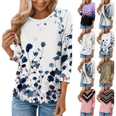 Shirt For Women's Fashion Casual Raglan Sleeve Round Neck 3/4 Sleeve Loose Printed T-Shirt Ladies Top