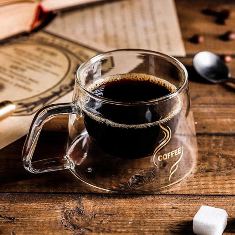 200ml Dobbeltvegget Glass Kaffekopp Gjennomsiktig Varmebestandig Espressokopp med Håndtak Latte Cappuccino Frokostte Vannkopp