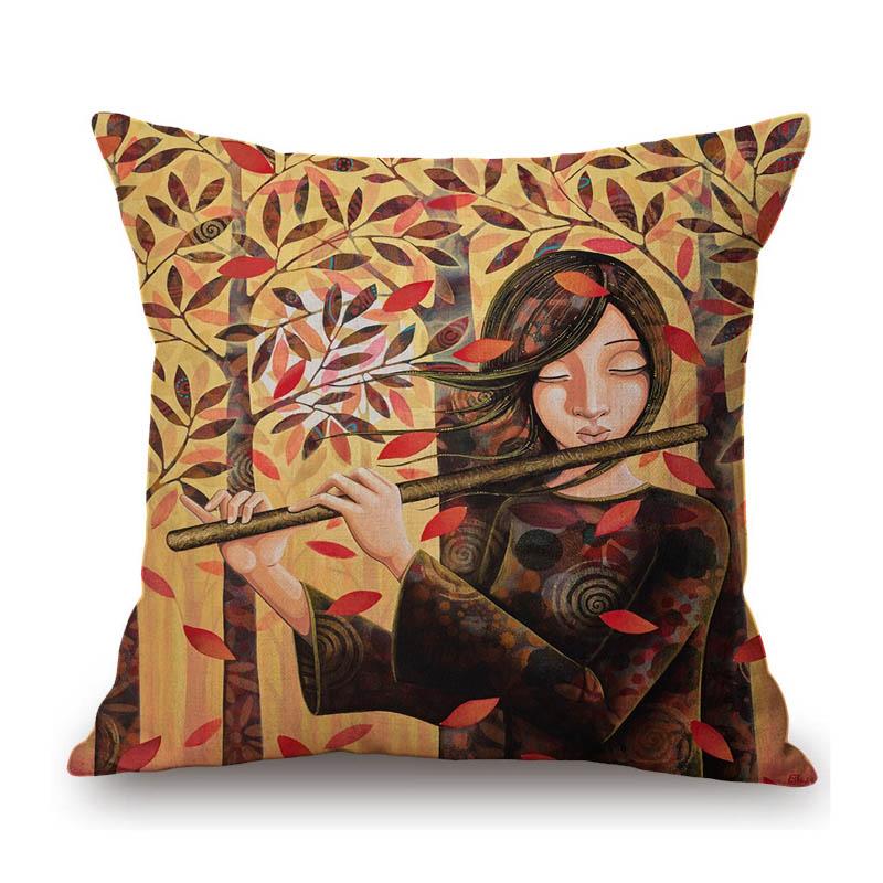 Modern Art Abstract Oil Painting Girl Play Violet Carionet Cotton Linen Sofa Throw Pillow Case Home Decorative Cushion Cover