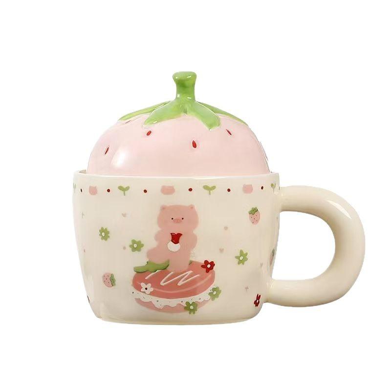 Strawberry Bear Ceramic Cup with Lid for Girls Gifts for Home Use Water Cup Mug High Looking Couple Milk Breakfast Cup