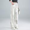 Summer New Pants White Printed Jeans Straight Loose and Versatile Women's Wide-leg Pants