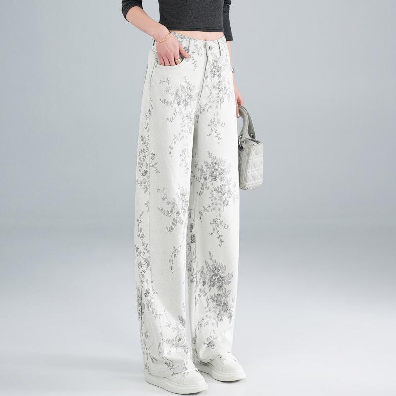 Summer New Pants White Printed Jeans Straight Loose and Versatile Women's Wide-leg Pants