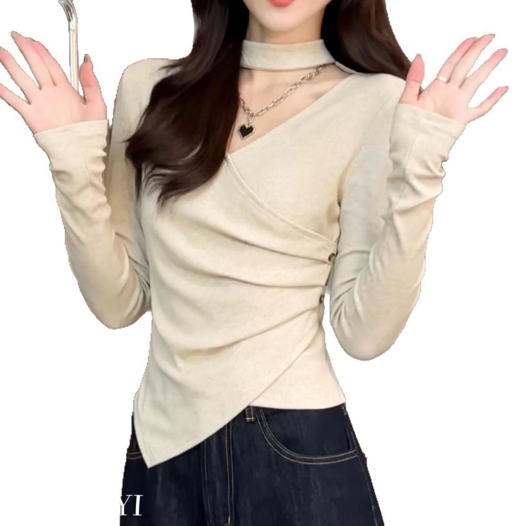 Women's Plus Size V-Neck Pleated Long-Sleeve Top - Stylish Spring/Autumn Slim Fit