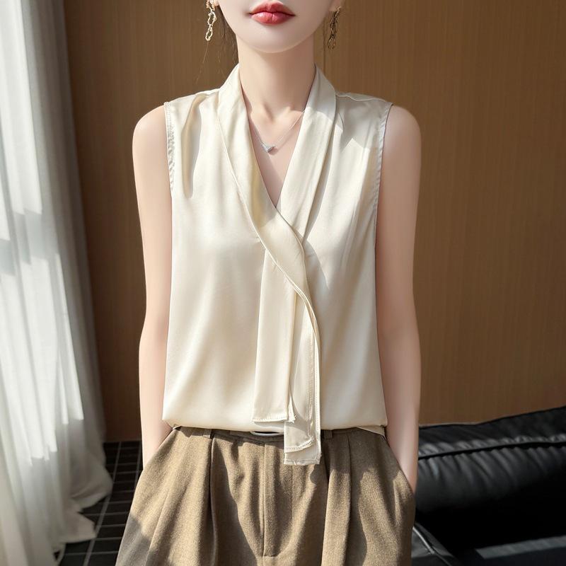 Spring and Summer New Style Smooth V-Neck Ribbon Sleeveless Backless Blouse for Women - Pure Color Pullover Design Top
