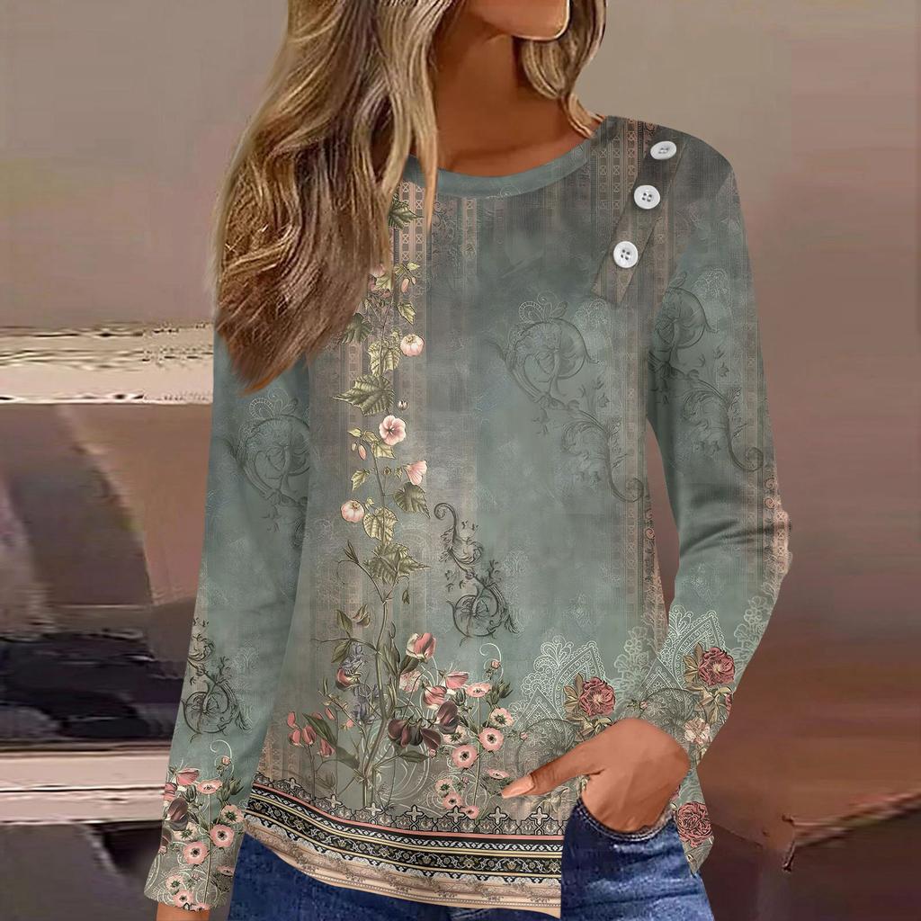 Detail knoflíku Tričko se zakřiveným lemem, Dlouhý rukáv Kulatý výstřih Květinový potisk Neformální top, Dámské oblečení
