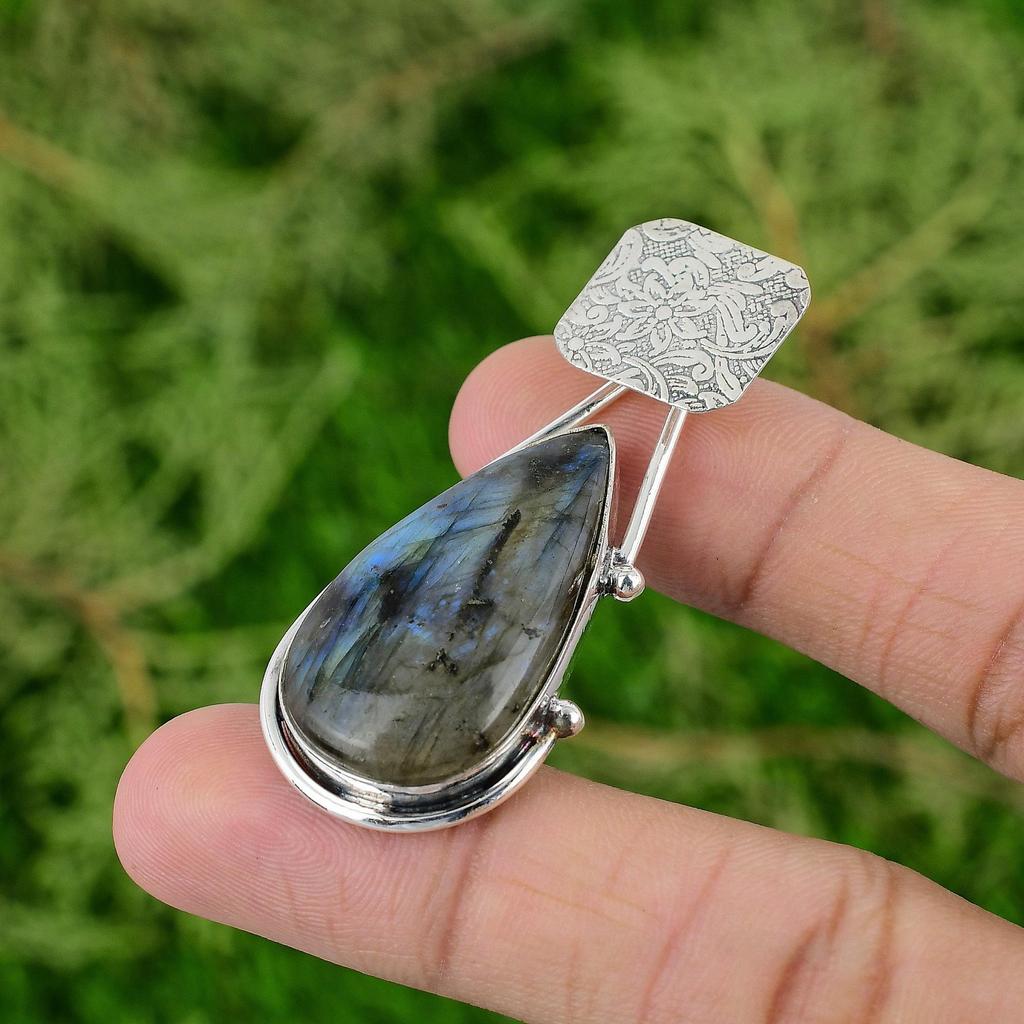 Daughters Day Deal 925 Silver Pear Natural Labradorite Third Eye Chakra Pendant