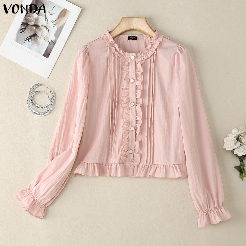 

VONDA Elegant Women Casual Round Neck Ruffled Casual Long Sleeve Blouse 2XL рожевий