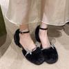 Rhinestone Fuzzy Mary Janes - Women's Autumn/Winter 2025 Chunky Heel Closed-Toe Sandals