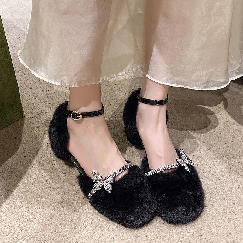 Rhinestone Fuzzy Mary Janes - Women's Autumn/Winter 2025 Chunky Heel Closed-Toe Sandals