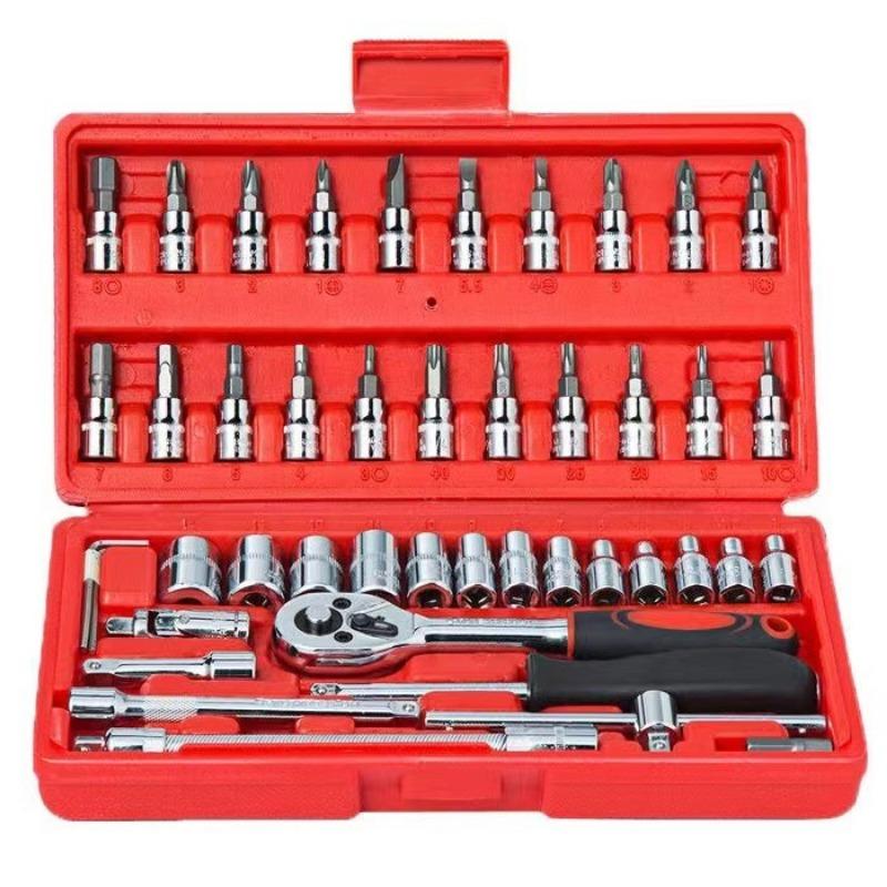 46pcs 1/4 Inch Drive Socket Ratchet Wrench Screwdriver Set with Driver Bit Socket Metric and Extension Rod for Car Repair