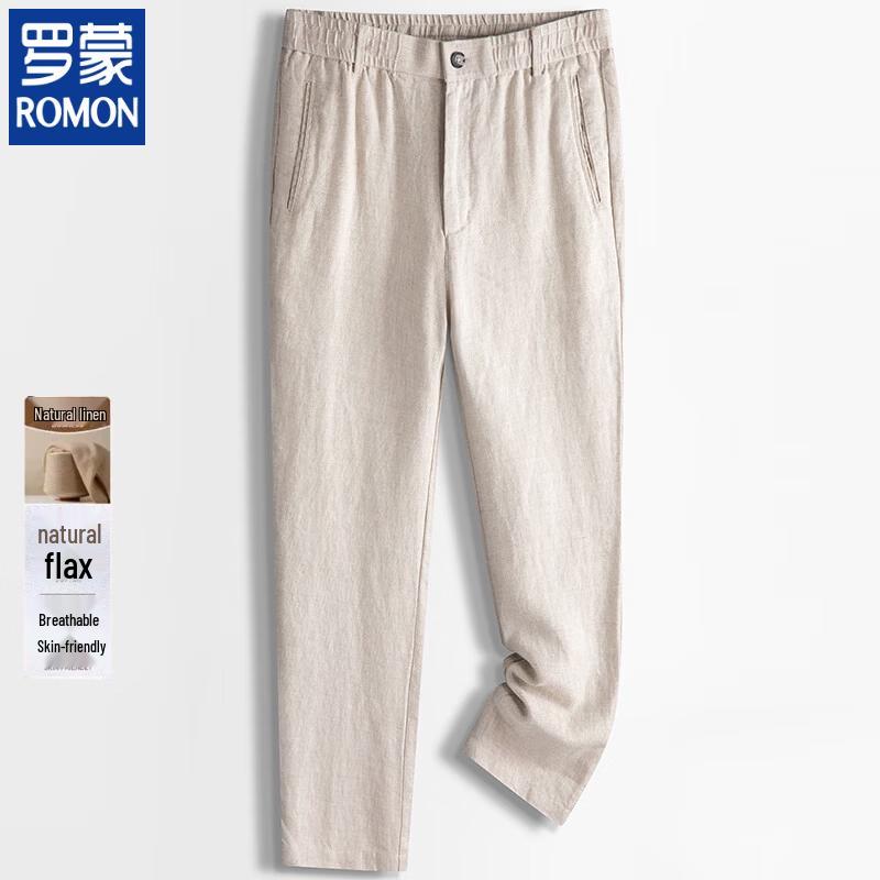 ROMON Men s Pure Linen Straight-Fit Casual Pants XL легкие хаки