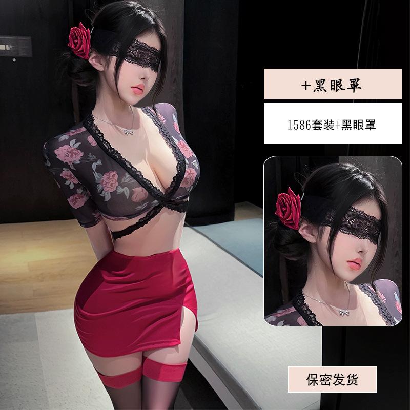 Yiyue erotic underwear sexy rose print secretary hip skirt women's nightclub pure desire flirting uniform set 1181