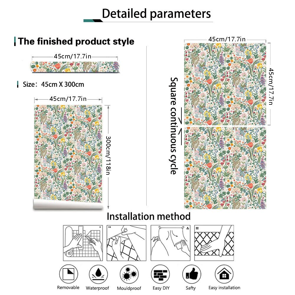 Pastrol Leaves and Flower Wallpaper Chic Peel and Stick Vinyl Floral Decal Waterproof Self Adhesive Cabinet Sticker