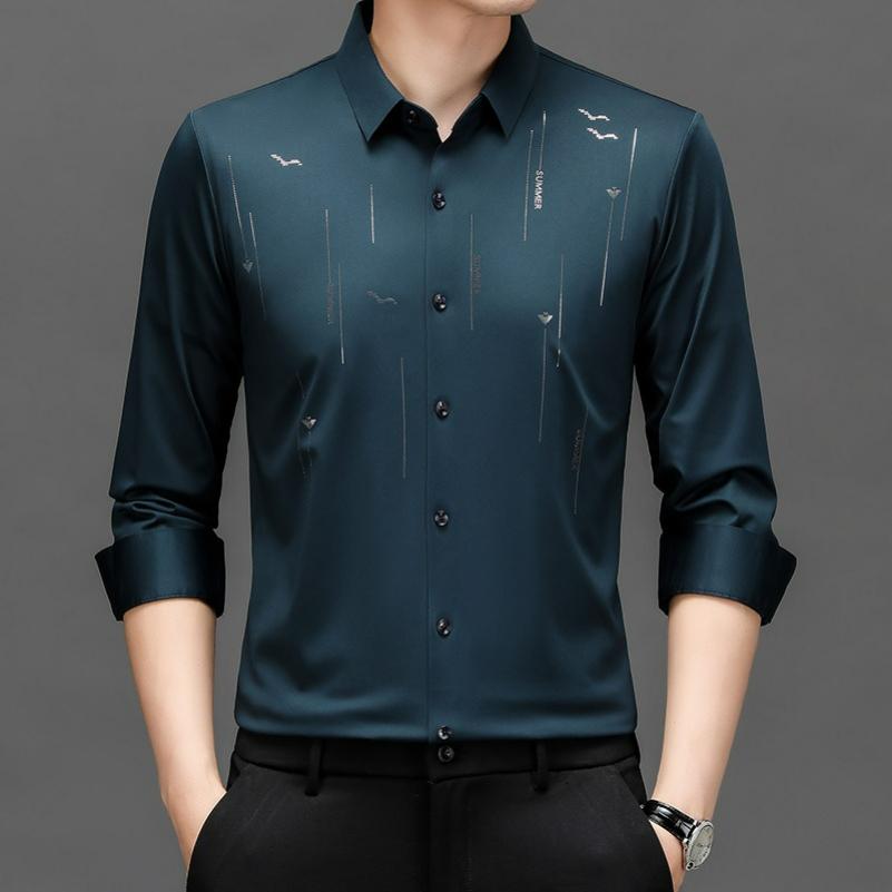 Men's Long-sleeved Shirt Seagull Print Spring and Autumn Fashion Stretch Seamless Non-iron Casual Shirt Men
