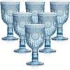 6pcs Vintage Plastic Wine Glasses with Sunflower Reliefs in Pink/ Blue, 12 Ounces, Suitable for Wedding Toasting and Party