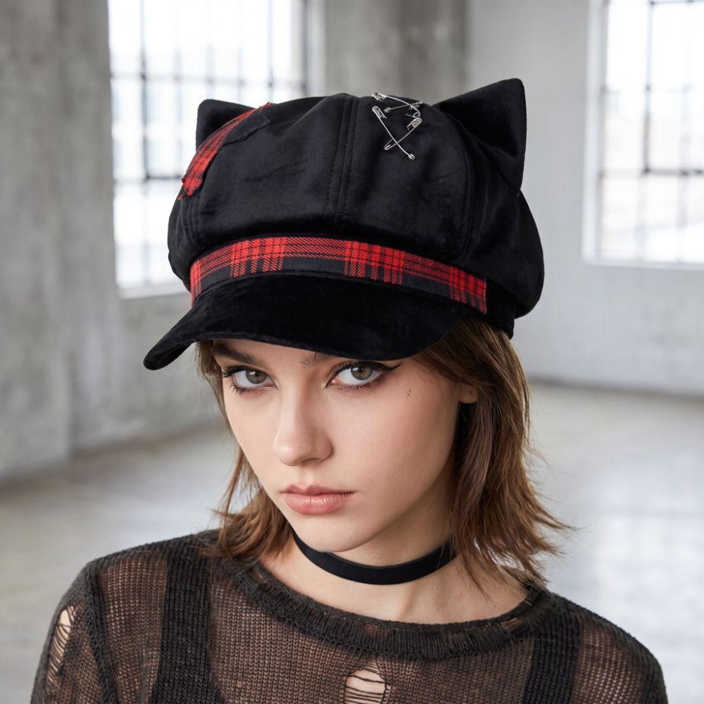 Irregular Plaid Octagonal Hat Thin Brim Newsboy Peaked Hat Cool Cat Ears Beret Hat Travel
