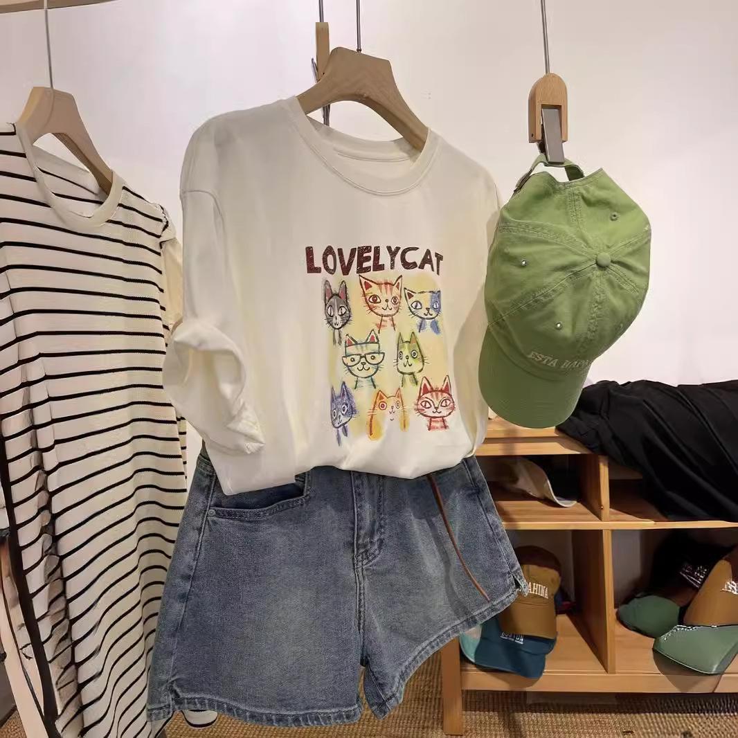 

Женская летняя футболка большого размера с принтом ледяного кота – короткий рукав, дышащая, красочная, свободного кроя 5XL (180-220 Jin Recommended)