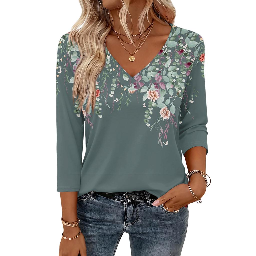 Damenoberteile mit 3/4-Ärmeln V-Ausschnitt Hemd Lässige Bluse Basic T-Shirts