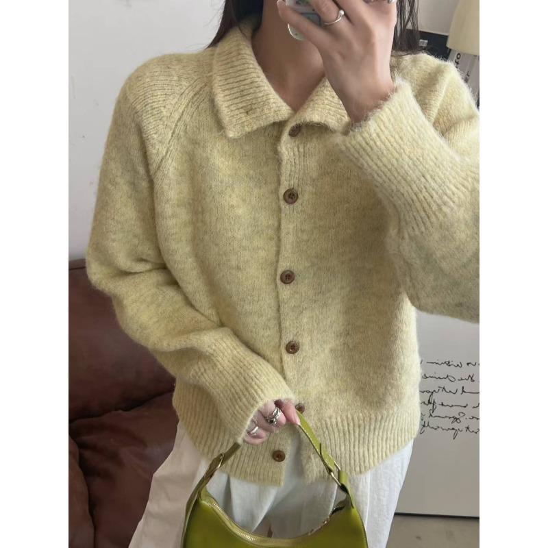 Lazy Single-breasted Solid-color Knitted Sweater Women's Cardigan Autumn and Winter Wear Loose and Thin Top Jacket