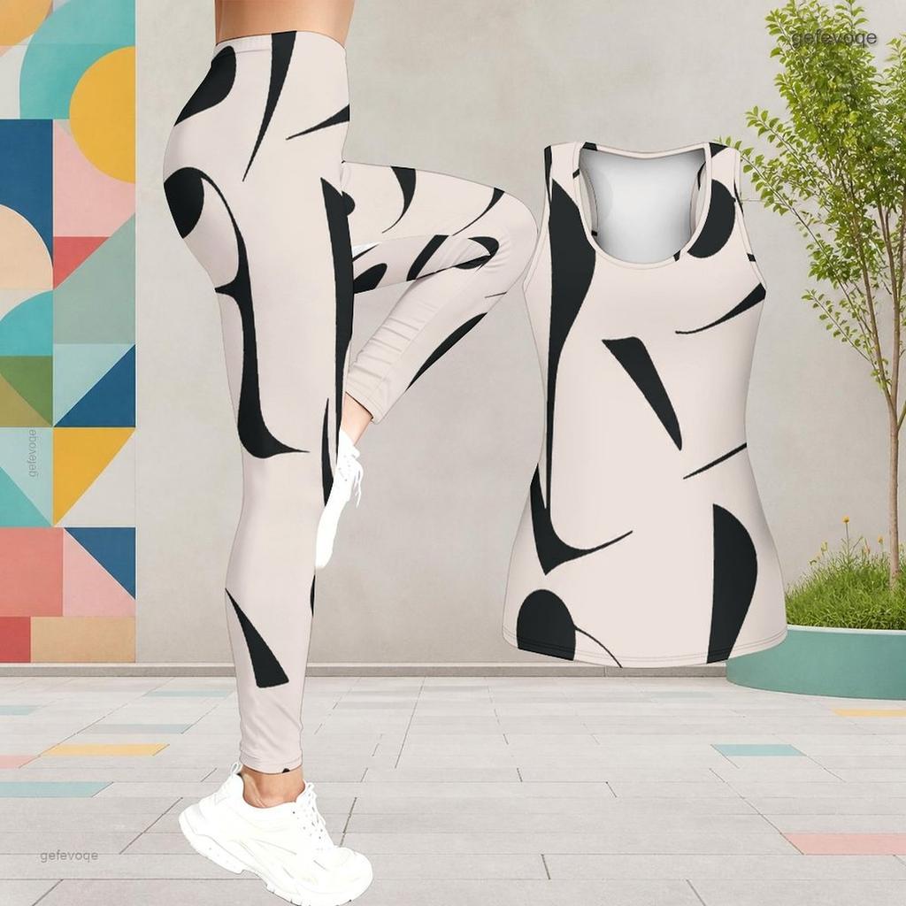 Women Plus Size Printed Two Piece Outfit Scoop Neck Sleeveless Tank Top And Fitted Pants