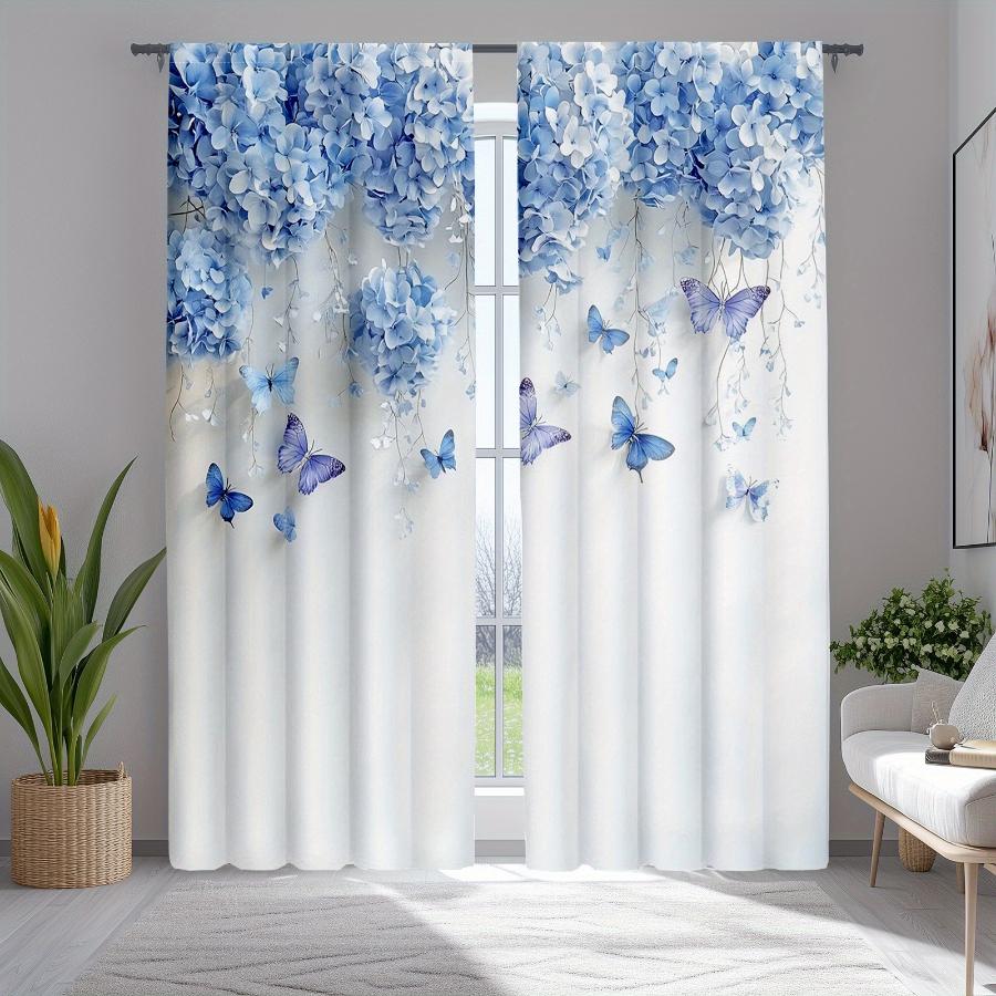 Digital Printed Curtains, Blue Butterfly Hydrangea Pattern, Stylish Window Treatment for Living Room Bedroom Decor