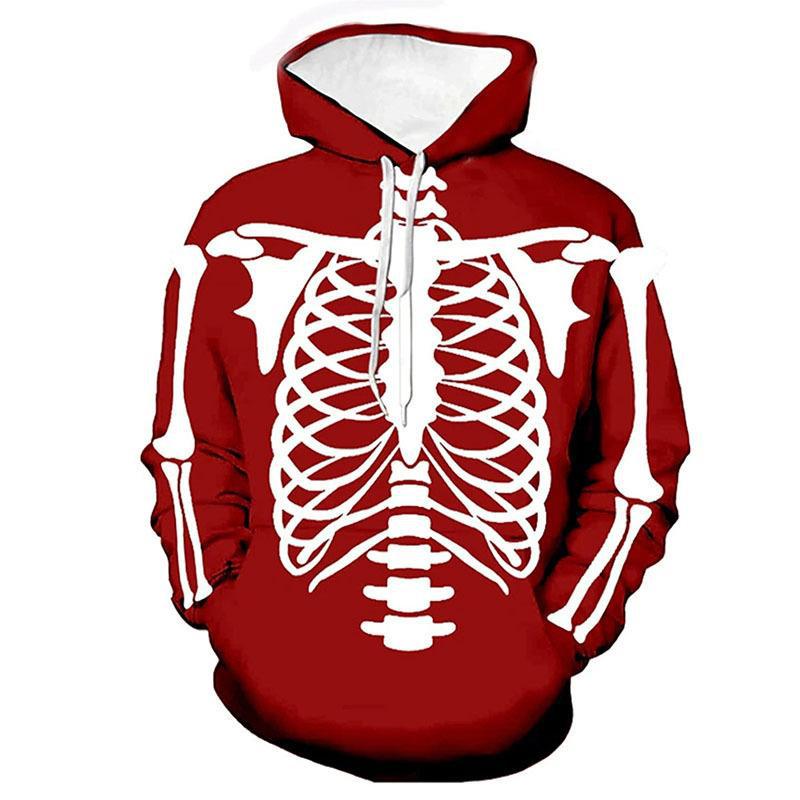 Halloween Skeleton Ribcage Print Hoodie, 3D Skull Bone Graphic Pullover Hooded Sweatshirt for Party Costume