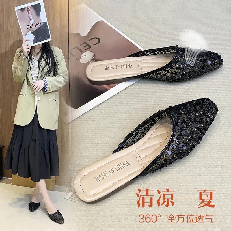 2025 ny sommar mode lyx platt klack festskor platta slip-on avslappnade bekväma damer diamant tofflor