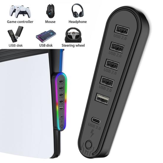 6-Port USB-Hub mit RGB-Licht Plug-and-Play Datenübertragung Benutzerfreundlicher USB-Erweiterungshub für PS 5 Pro/für PS5 Slim
