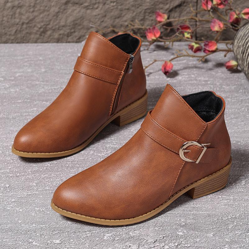 

Fashion Retro Buckle Strap Ankle Boots Women Low Heels Brown Platform PU Leather Boots Woman 2024 Autumn Side Zipper Short Botas 36 коричневий